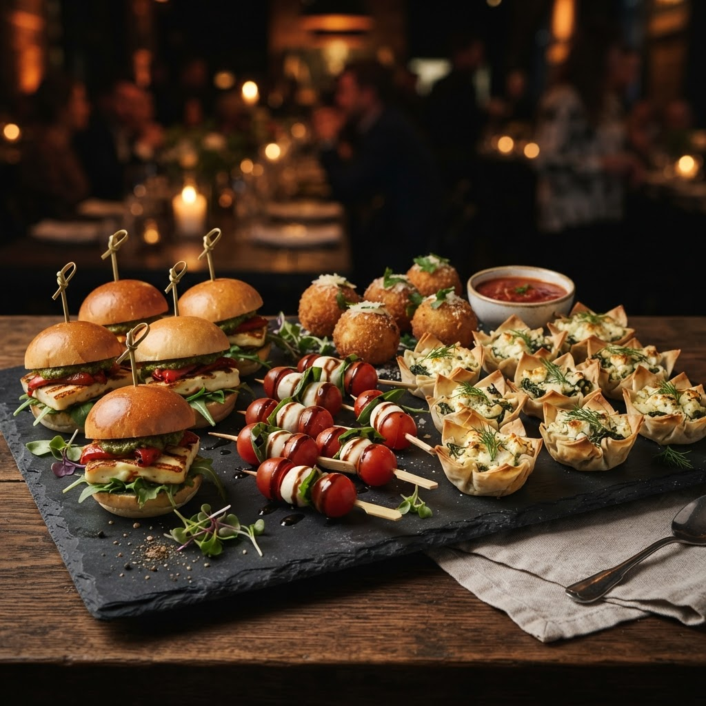 Gourmet vegetarian canapes including halloumi sliders and caprese skewers